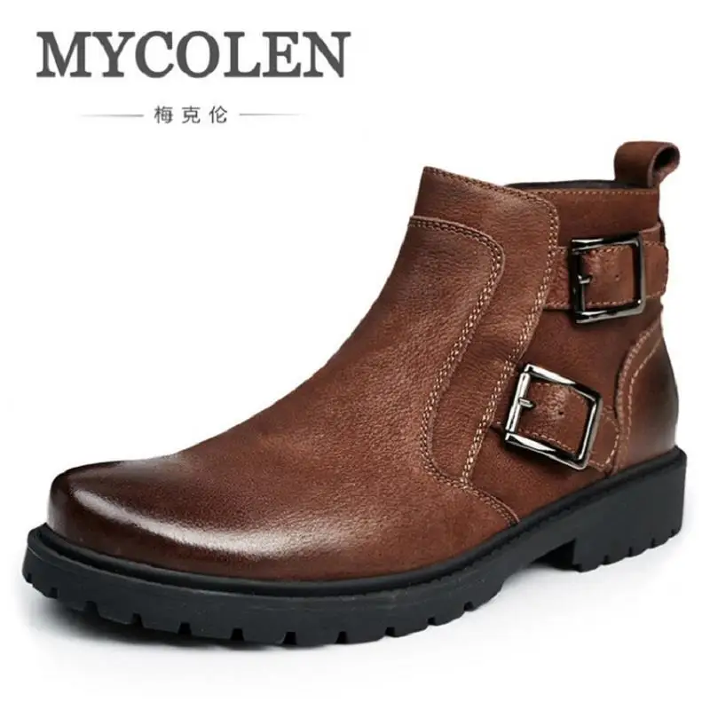 

MYCOLEN New Button Zip Plush Warm Ankle Boots Men Round Toe Winter Chelsea Boots Motorcycle Boots High-Top Men Shoes Erkek Bot