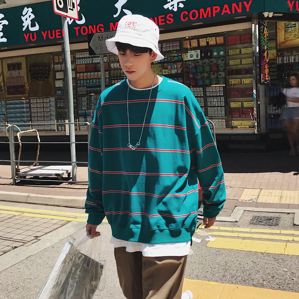 

Fashion casual men's sweatshirt spring and autumn new M-XL cotton long-sleeved striped loose pullover personality youth