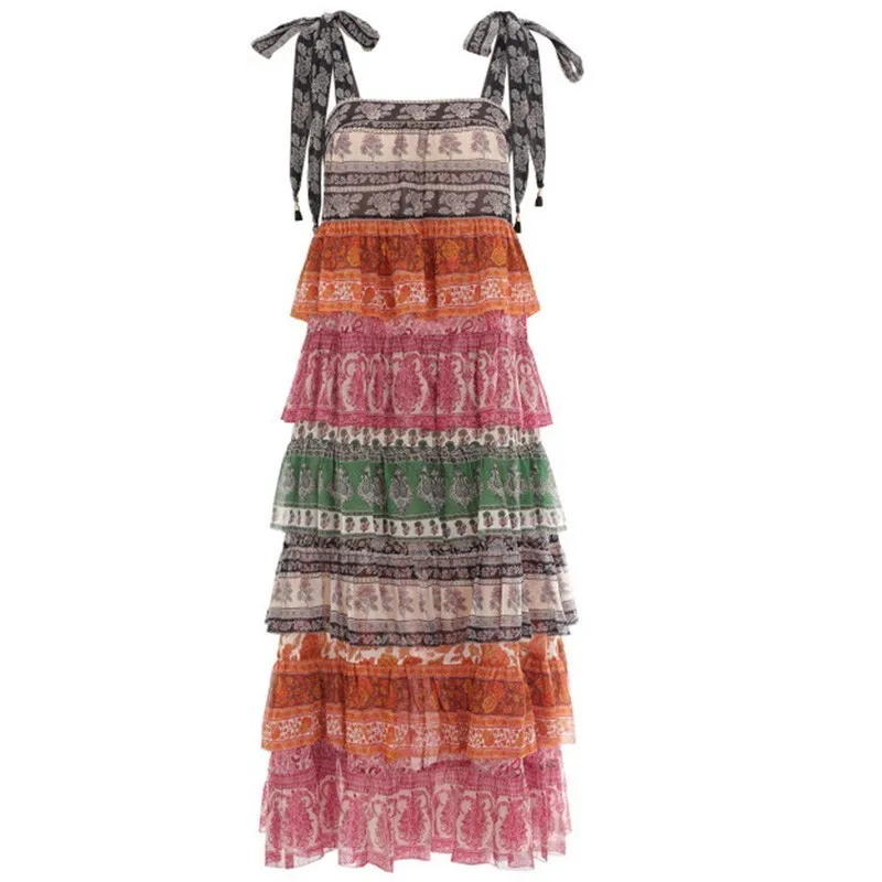 [LIVIVIO] длинное платье с бретельками и рюшами Boho без рукавов женское летнее