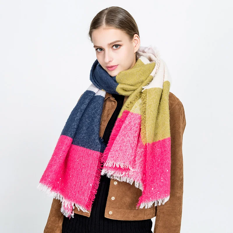 

Winter Sweet and Fresh Fashion Rainbow Scarf for Women Fight Color Circle Sand Striped Cashmere scarves Sequins Wraps and Shawl