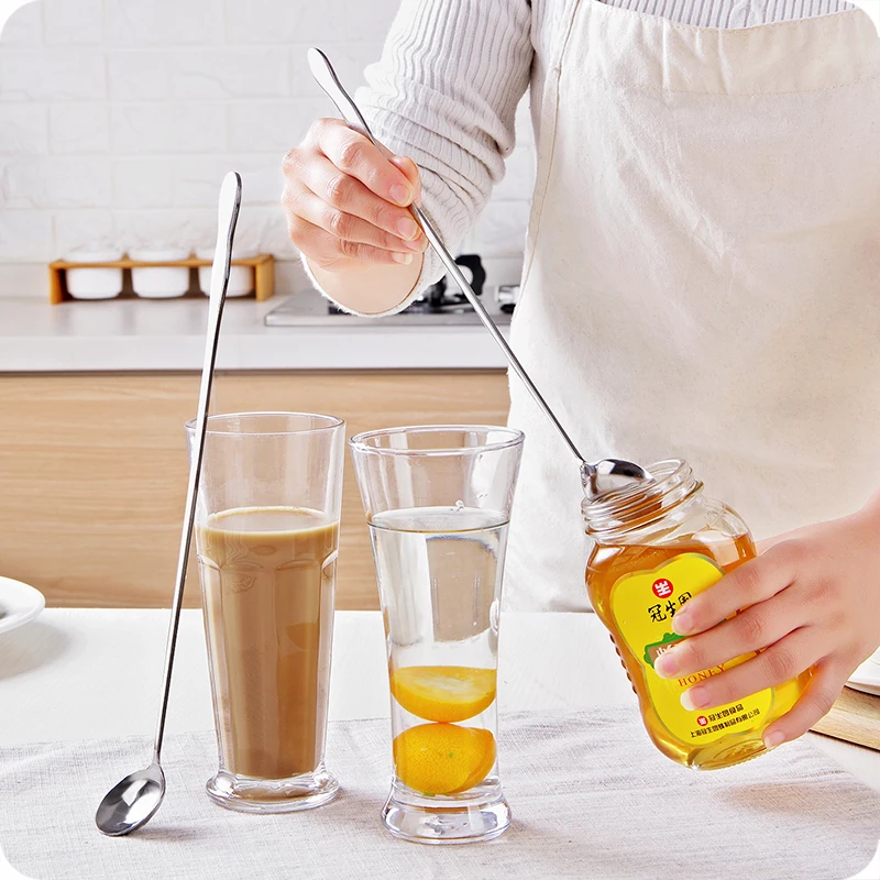 

1pc Stainless Steel Long Handle Stir Spoon Creative Long Handle Spoon Korean Coffee Spoon Ice Cream Spoon Dessert