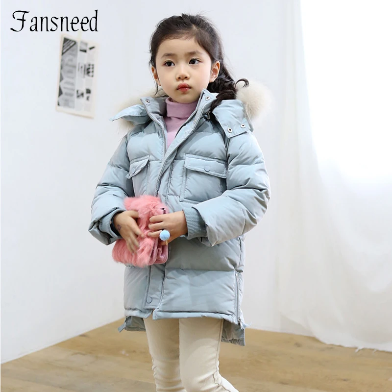 2016 winter new girls longer thicker cotton padded clothes solid color hooded fur collar
