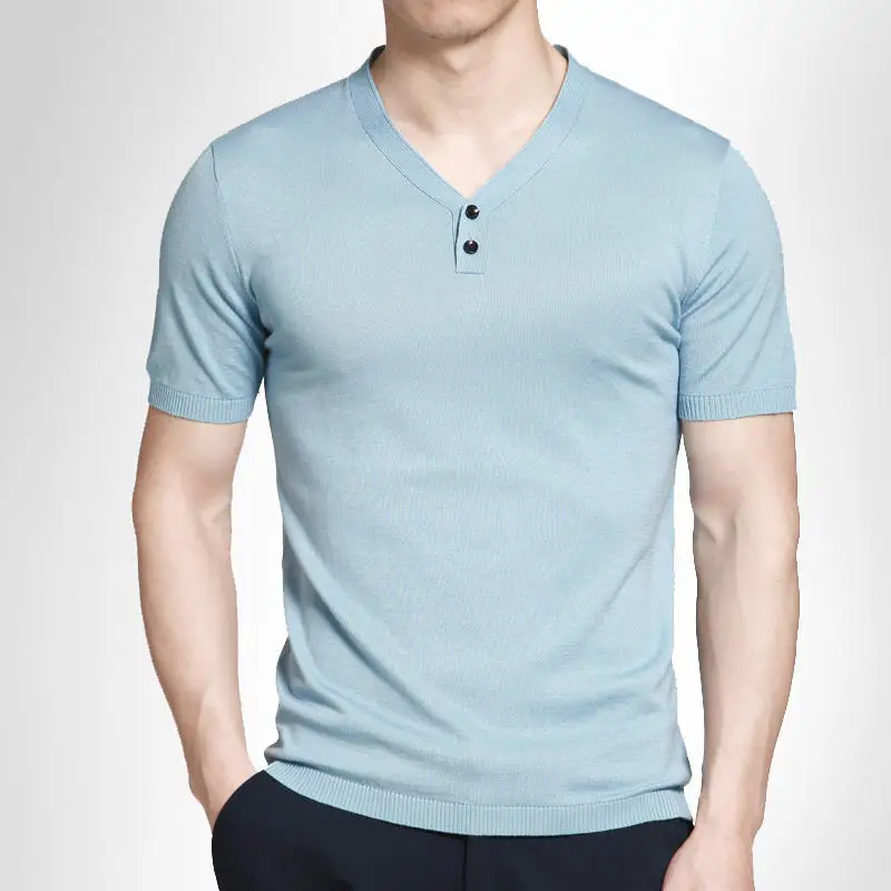 8 цветов Летний стиль Короткие футболки для мужчин пуловер свитер вязаная одежда с v-образным вырезом простые мужские рубашки бренд Muls большой размер M-4XL MS16023 - Цвет: Sky blue
