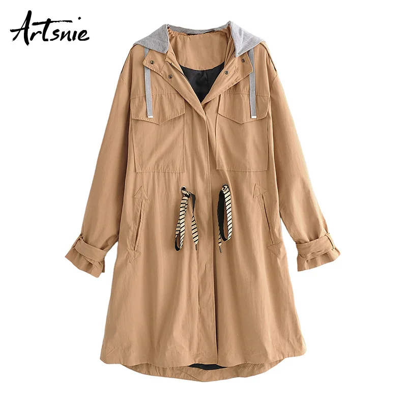 Feminino Hiver Casual Manteaux Longue 2018 Automne Tranchée Double Kaki Femme Manteau À Poches Femmes Khaki Capuchon Streetwear Artsnie qwaPvxp