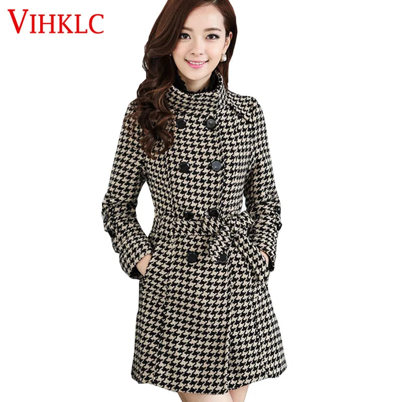 

2017 Autumn Winter Women Windbreaker Coat Black white Houndstooth Plus size Boss Self-cultivation Coat Women Casaco femin B47