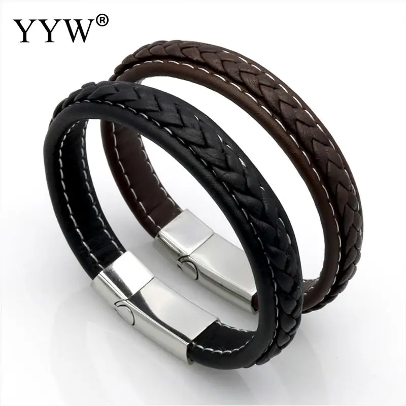 

Top Quality Genuine Leather Bracelet Men Stainless Steel Leather Braid Bracelet Pulseiras Masculina With Magnetic Buckle Clasp