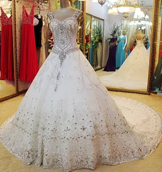 

Custom Made Luxury Wedding Dresses Sweetheart Lace-up Lace Beads Crystals Tong Train Bridal Dresses Vestido De Noiva IZ186