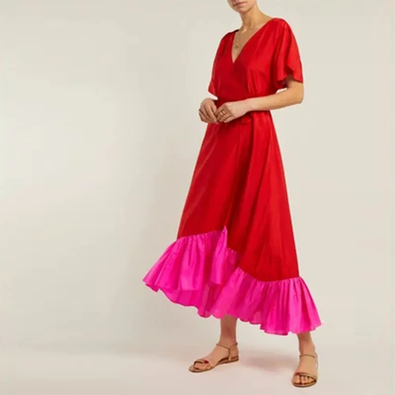 

Women Summer Contrast Color Dress Short Sleeve Ruffled V-neck Bohemian Long Dress