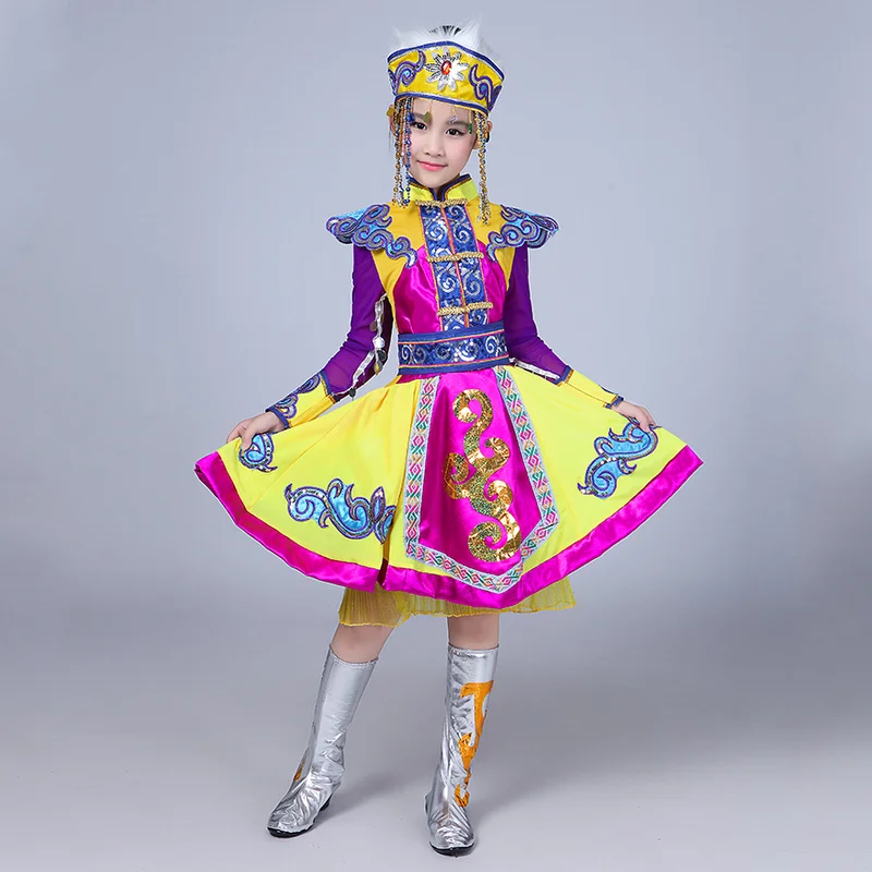 Girls Yellow Mongolia Dress for Stage Chinese National Costumes Child Hmong Dance Clothing Kids Traditional Dance wear Outfit