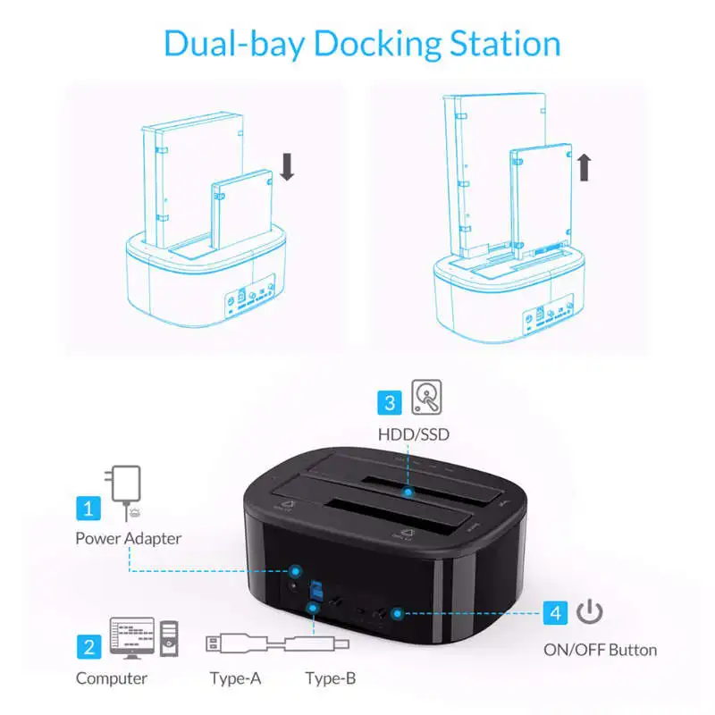 Док-станция Orico 6228Us3 Usb 3,0-Sata с двумя отсеками для жесткого диска 2,5/3,5 дюймов Hdd Ssd чехол с функцией офлайн клона