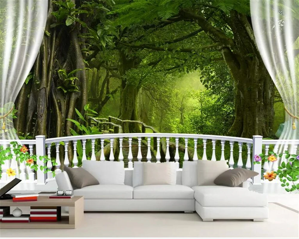 

Beibehang Custom nature large mural wallpaper green big tree forest waterfall balcony background wall wallpaper papel de parede