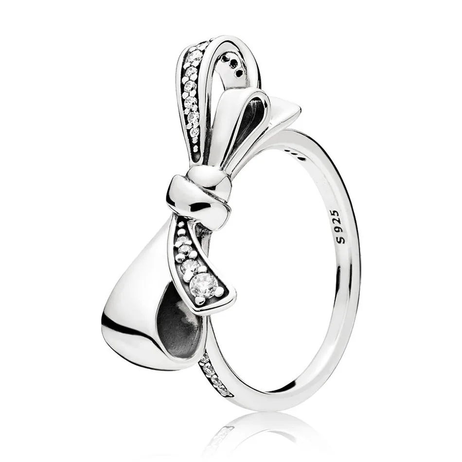 

Authentic 925 Sterling Silver Ring For Women Brilliant Bow Ring Clear CZ Girl Finger Ring fit Lady Jewelry