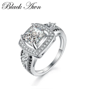 

[BLACK AWN] Luxury Genuine 100% 925 Sterling Silver Jewelry Black&White Stone Classic Wedding Rings for Women Bijoux C247