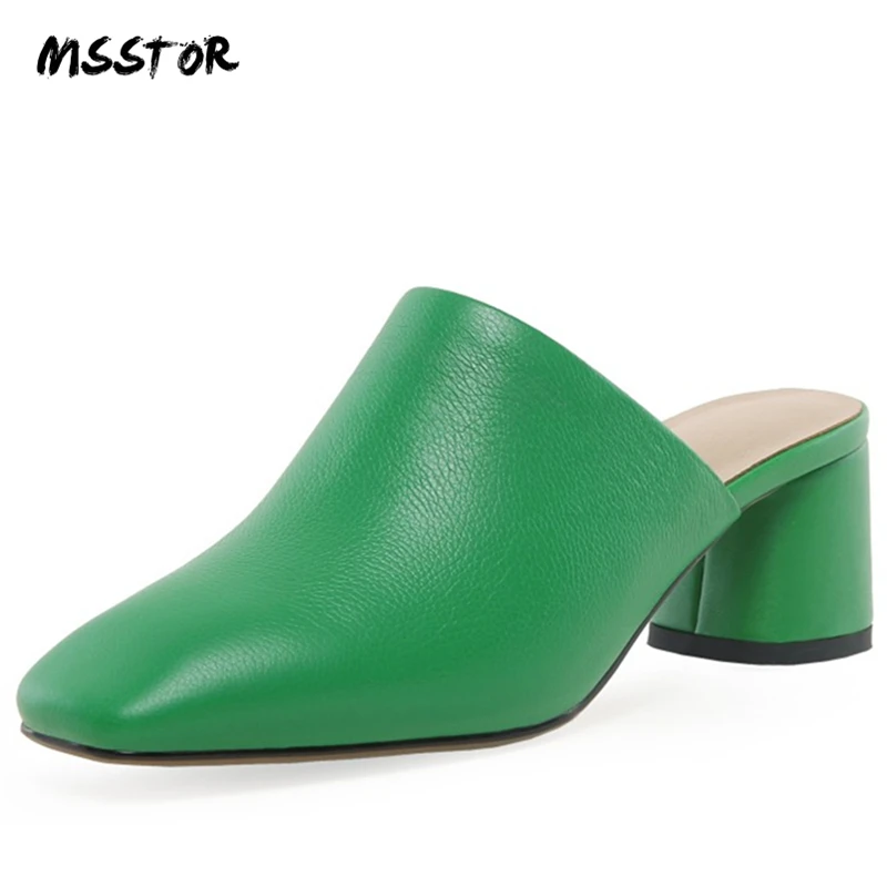 

MSSTOR Cow Leather Mules Heels Concise Casual Square Toe Outdoor High Heels Slippers Black Summer Shoes Women 2019 Solid Green