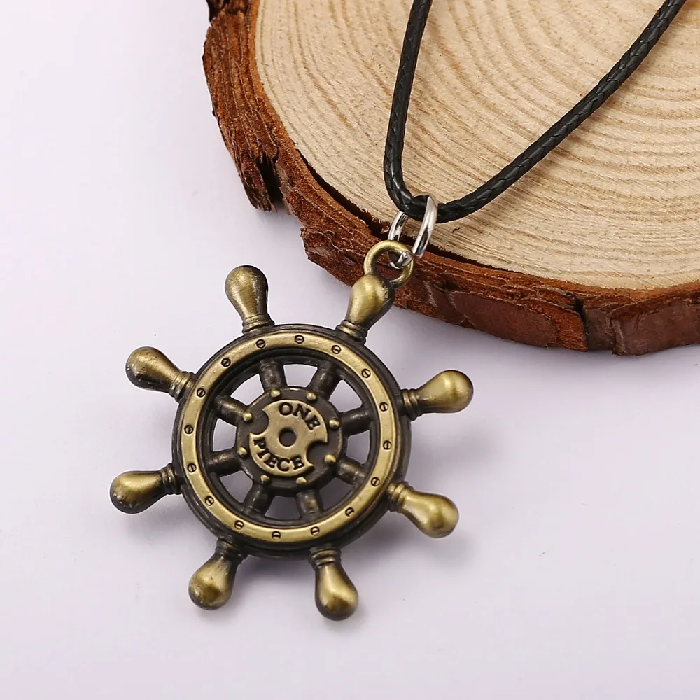 

Anime jewelry One piece LUFFY Straw Hat Skull charm necklace bronze plated rudder pendant necklace Rope Necklace Men Jewelry