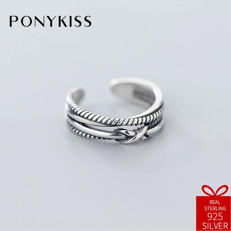

PONYKISS Vintage 100% 925 Thai Silver Chic Rope Knot Adjustable Opening Ring Women Party Fashion Accessories Birthday Fine Gift