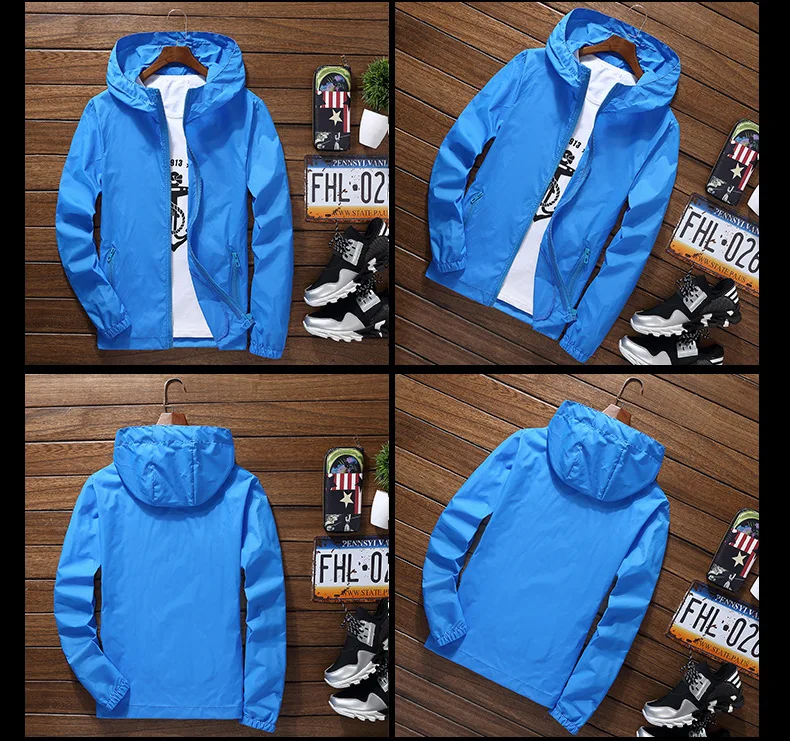 2020 Light-Weight Men's Summer Hooded Jacket Thin Windbreaker Packable Sunscreen Waterproof Beach Casual Zipper Coat Solid Color