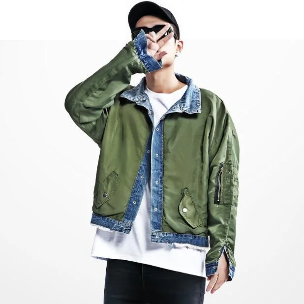 Reversible MA1 Bomber Jacket Justin Bieber style Reversible Pilot Flight coat Denim jeans and Army Green Outerwear Men and women