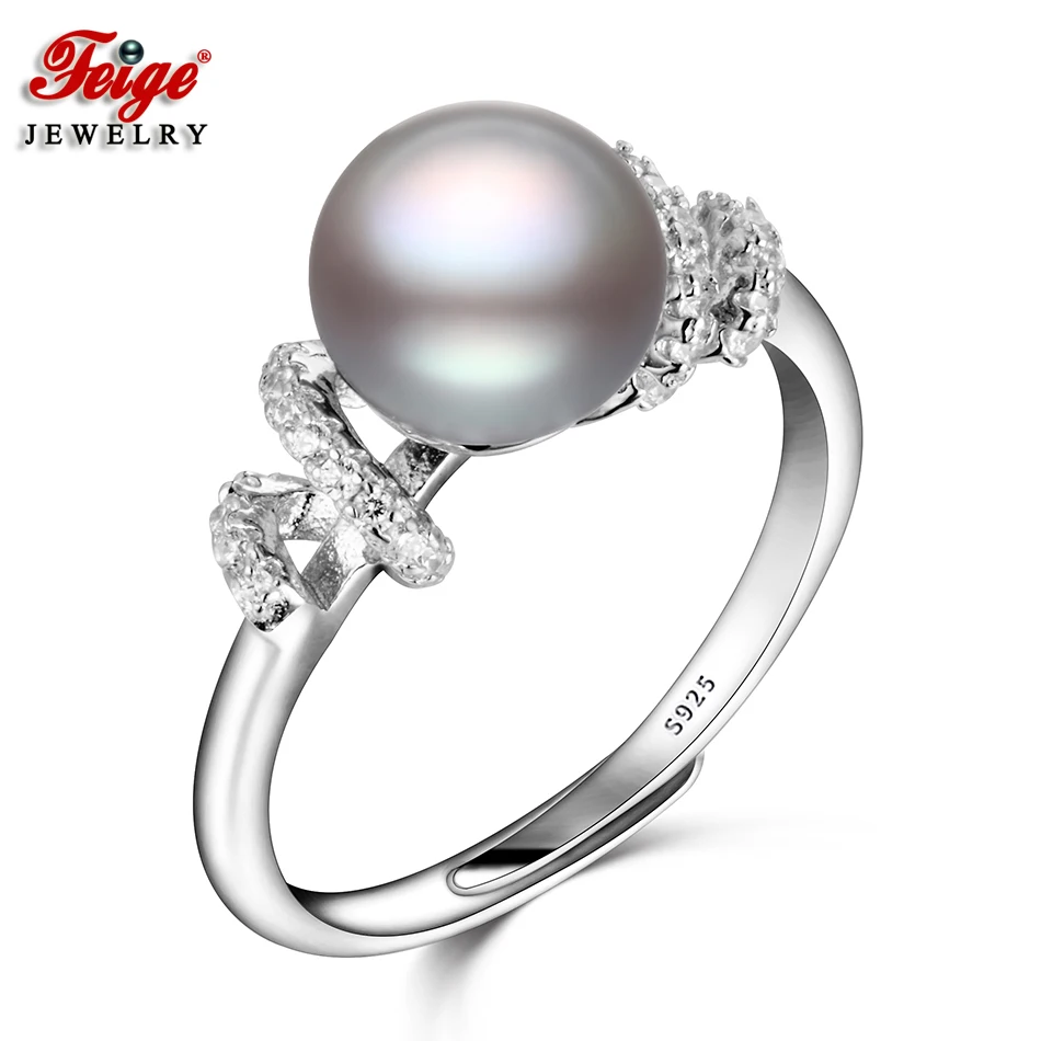 Fashion Cubic Zirconia Pearl Ring for Female Party Rings 8-9MM Gray Freshwater Pearl Real 925 Sterling Silver Fine Jewelry FEIGE