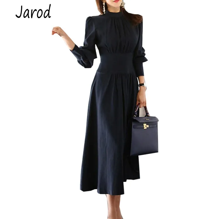 

2019 spring 3/4 Sleeve Swing Dress Women Elegant High Waist Lantern Sleeve Dresses A-line Solid Color dresses