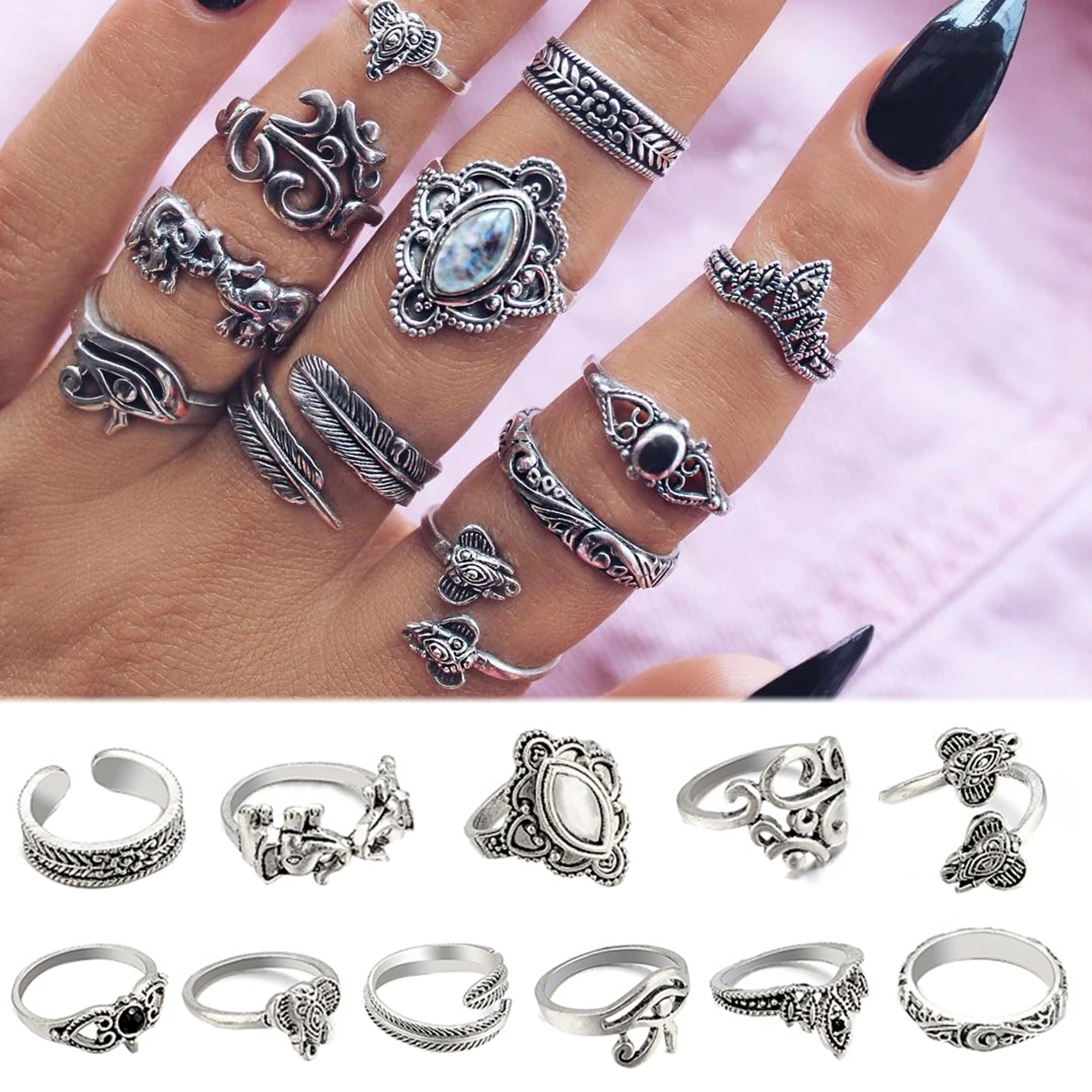 11pcs Vintage Elephant Leaf Crystal Punk Ring Sets Shellhard Boho Lady Finger Knuckle Stacking Midi Rings Set Femme Jewelry