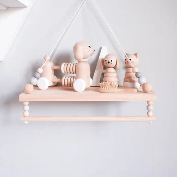 

Nordic Style Wooden Beads Wall Hanging Shelf Swing Rope Floating Shelves Display Storage Rack Decoration