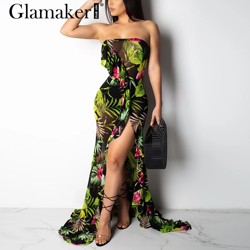 

Glamaker Floral print sexy high split maxi dress Women ruffles bodycon boho long dress Elegant summer holiday beach club dress