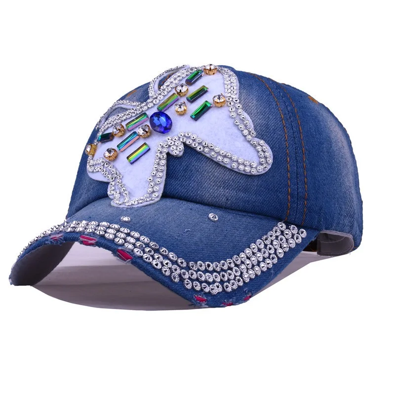 

Colorful Big Butterfly Simulation Diamond Baseball Cap Spring Summer Snapback Cap Denim Hat For Women
