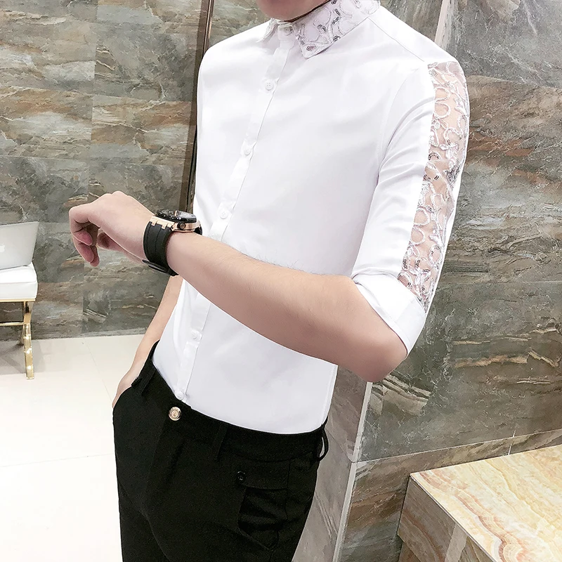 

High Quality Men Dress Shirts Fashion 2018 Summer Solid Tuxedo Shirt Men Half Sleeve Lace Work Shirt For Men Clothing 3XL White