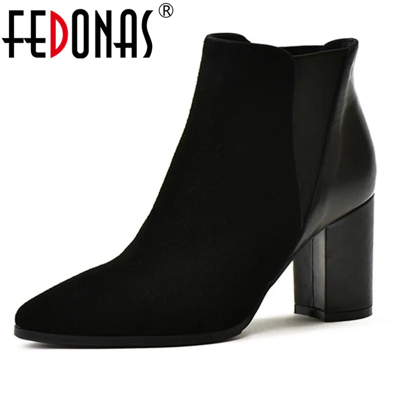 

FEDONAS Top Quality Women Ankle Boots Thick High Heels Ladies Shoes Woman Black Pointed Toe Office Prom Pumps Ladies Basic Boots