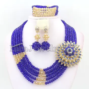 

Royal Blue Statement Necklace Nigerian Wedding African Beads Jewelry Set Costume Plated Free Ship HD4925