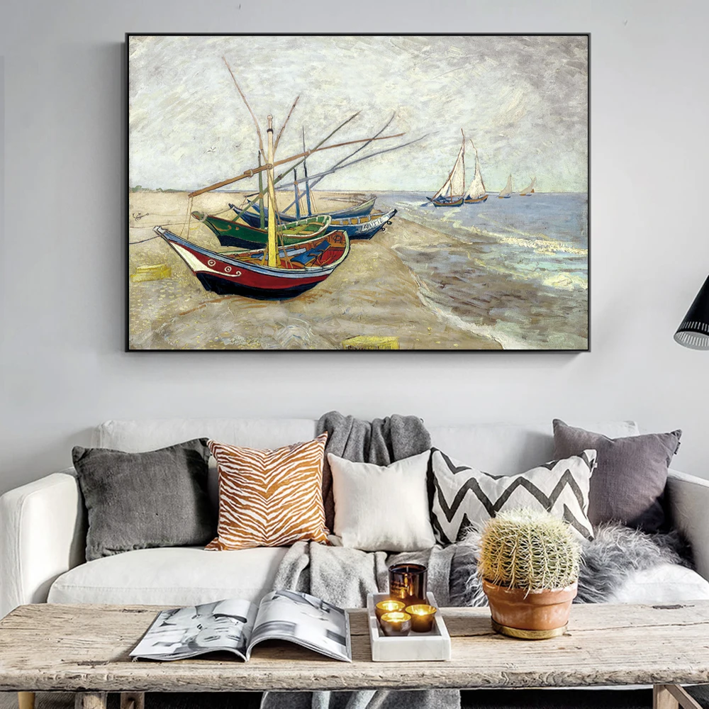

Van Gogh Fishing Boats on the Beach at Saintes-Maries Wall Art Canvas Painting Impressionist Famous Canvas Art Prints Home Decor