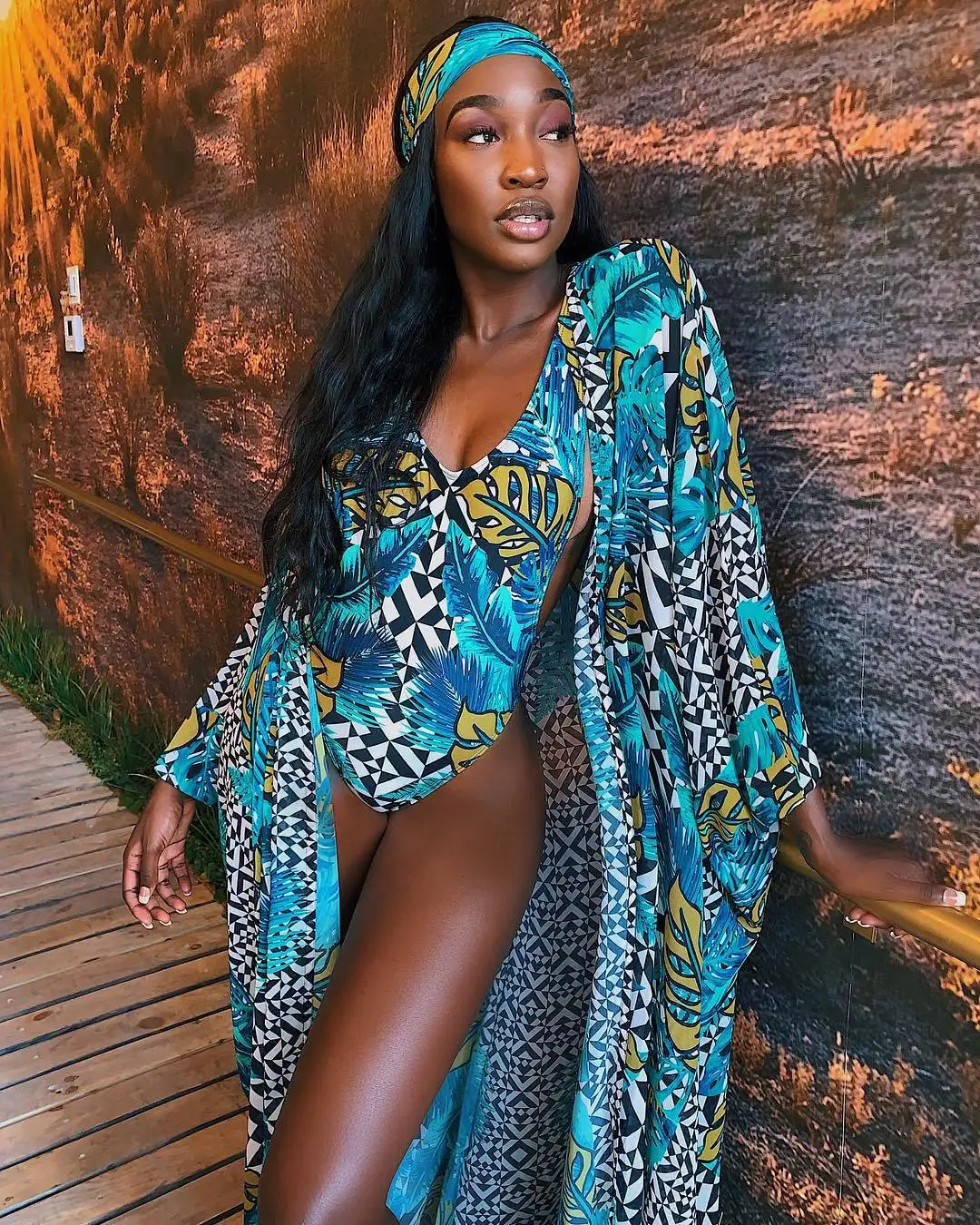 

2019 new African women summer leaves geometric print beach x long cape v collar one-piece suit suit two-piece beach swimsuit sui