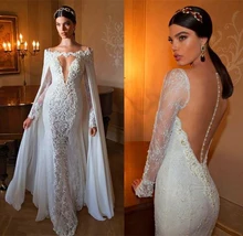

Robe De Mariee Lace Wedding Dresses 2018 Mermaid V Neck Beads Long Sleeves With Cape Bride Dress Wedding Gown Vestido De Novias