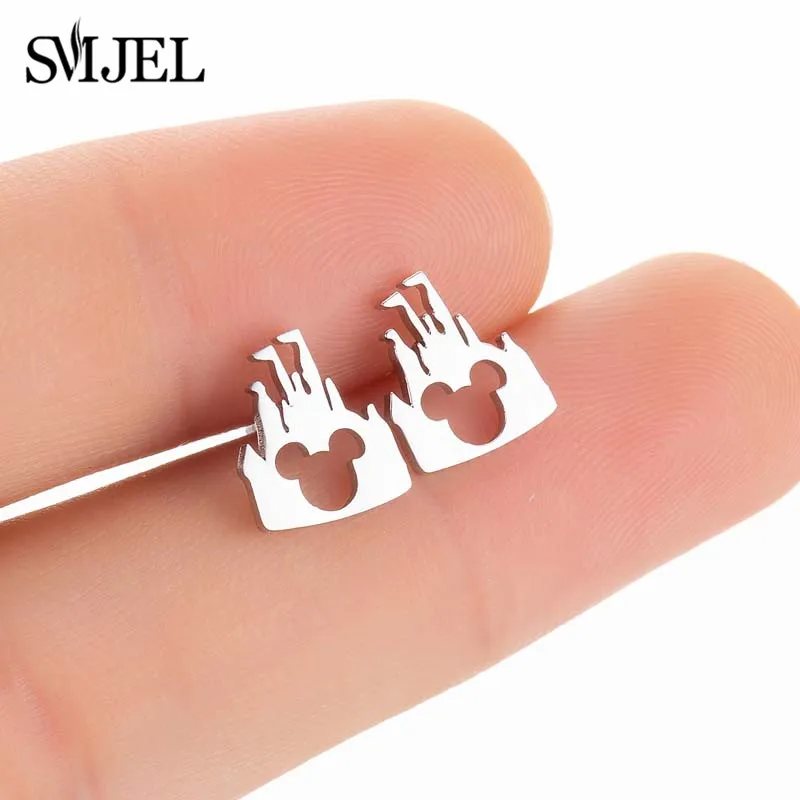 SMJEL Korean Stainless Steel Earrings for Women pendientes hombre Flower Small Earrings Studs Birthday Gifts Wholesale - Окраска металла: castle  mickey