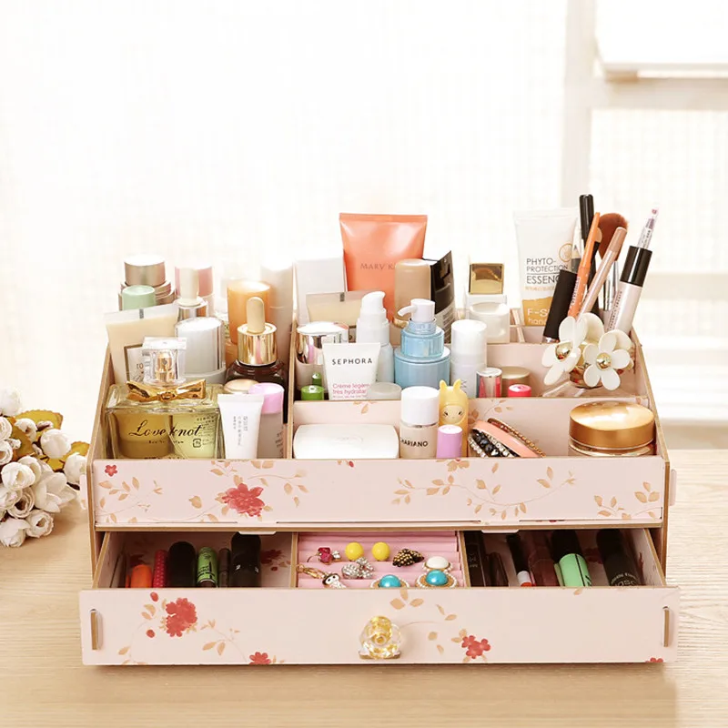 DIY Wood Cosmetic Organizer Storage Box Plus Size Cosmetics Jewelry