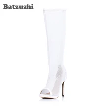 Batzuzhi-12cm сапоги на высоком каблуке белые женские сапоги до колена с открытым носком женские ботинки из сетчатого материала на осень и весну Botines Mujer