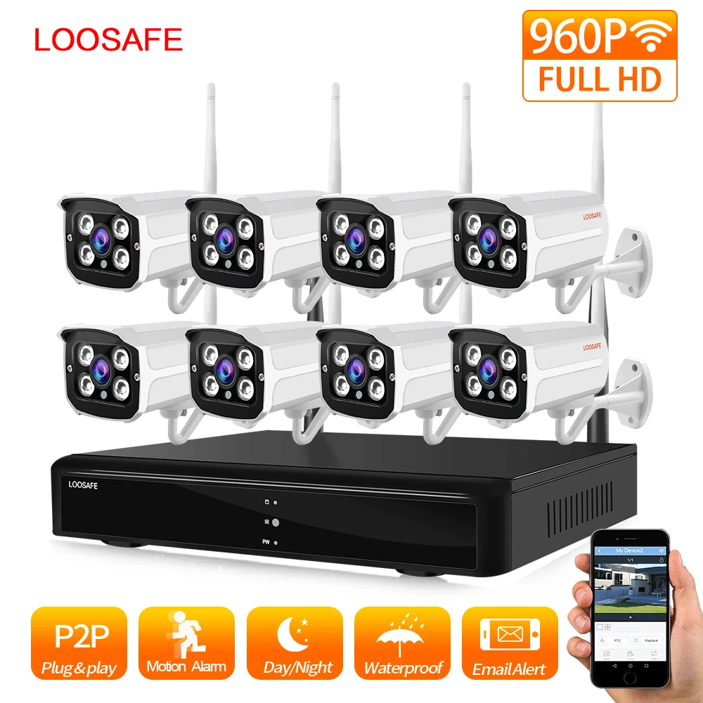 

LOOSAFE NVR Wireless CCTV Kit WIFI IP Camera Video Surveillance HD 960P Outdoor 8CH WIFI Security Camera System CCTV KIT 1T HDD