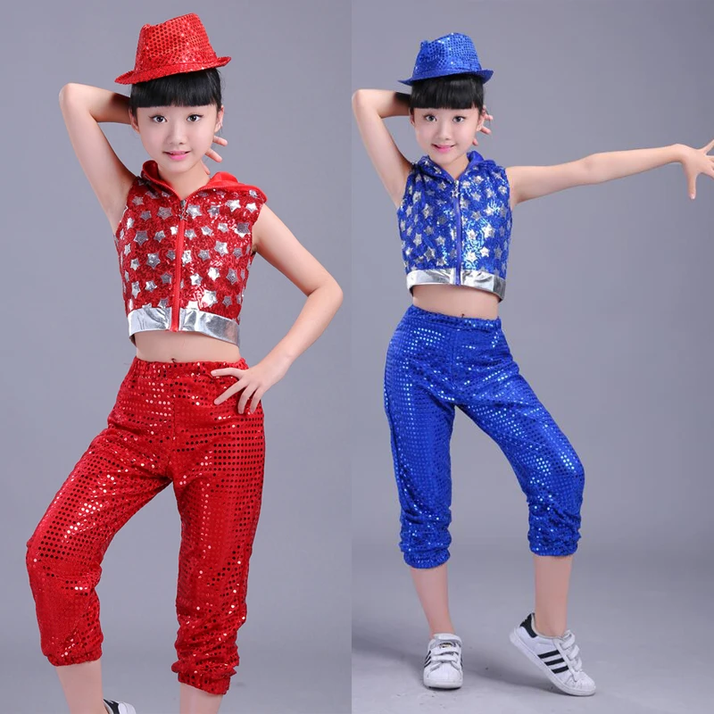 Red Blue Kids Sequined Modern Hip Hop dancing Outfits Girls Jazz Tap Dance costumes Children's Stage wear Ballroom Party Costume