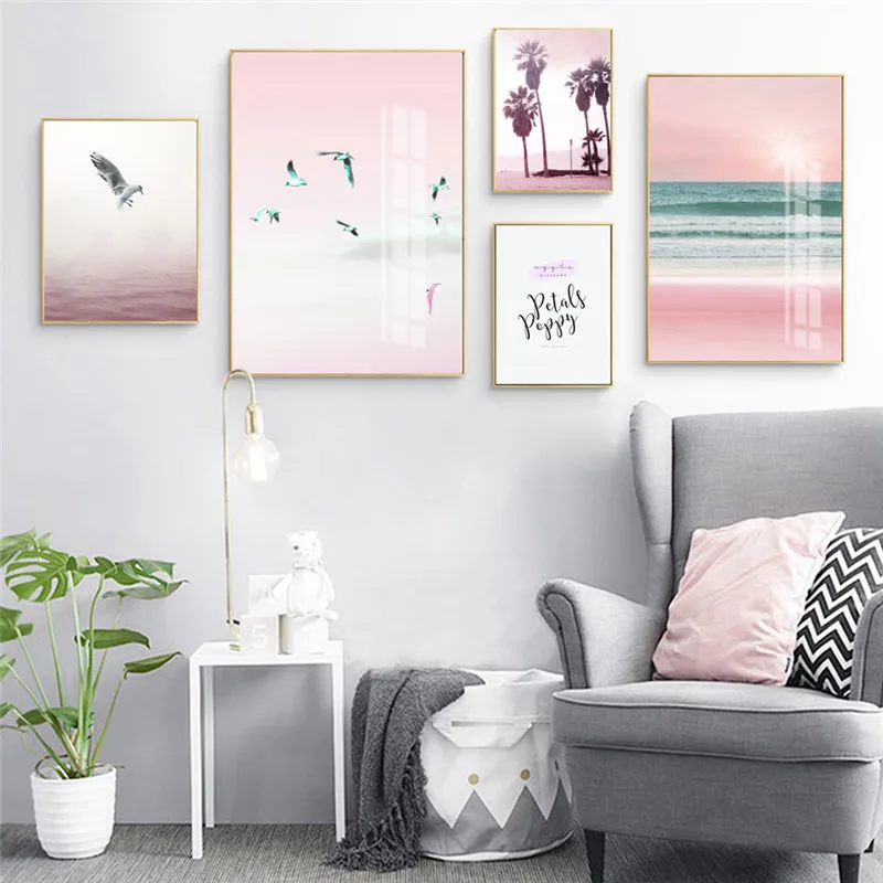 

Nordic Canvas Pink Landscape Sea Nordic View Wall Art Home Decor Module Living Room Kid Bedroom Nordic Home Decor Painting