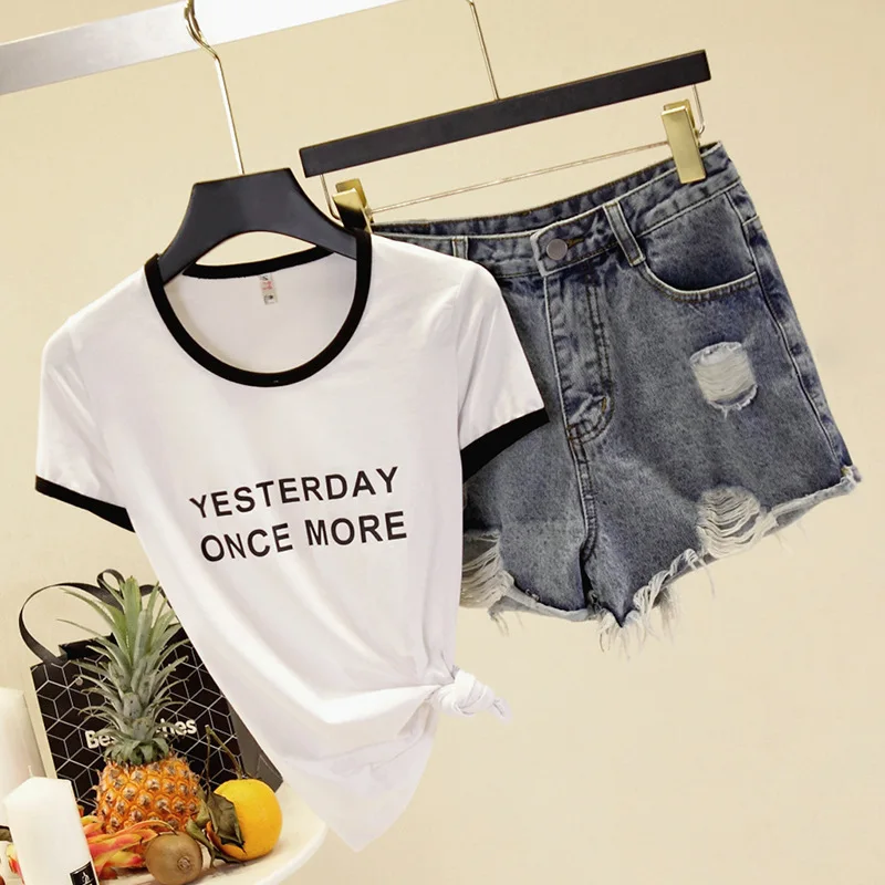 

Printed Letter White Edge O-neck Short-sleeved T-shirt Fashion Casual Tshirt Women Cotton White Shirts Summer 2019