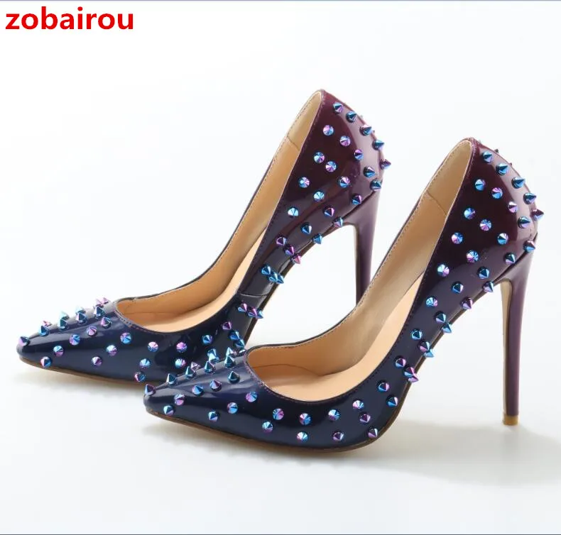 Luxe Haute Zobairou Brevet Designer Pompes Spikes Qualité Pointu Marque Sexy Orteil Cm 12 As Du Dégrader Show Talons Parti Femmes Chaussures De 5rr7ng