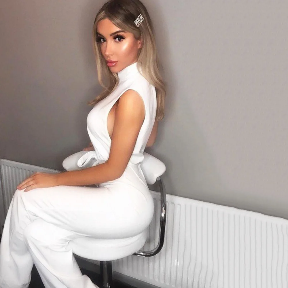 

2019 Fashion Woman New Solid Color Half-collar Lace-up Jumpsuits Casual Sleeveless One-piece Trousers S-XL