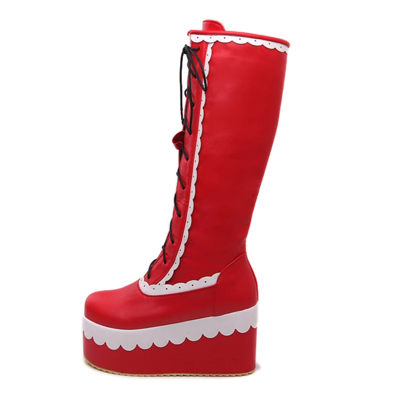 Najtaniej KarinLuna nowy duży rozmiar grube platformy cosplay patchwork dziewczyny buty kobiety moda kliny wysoki obcas koronki up dodaj zimowe buty z futerkiem