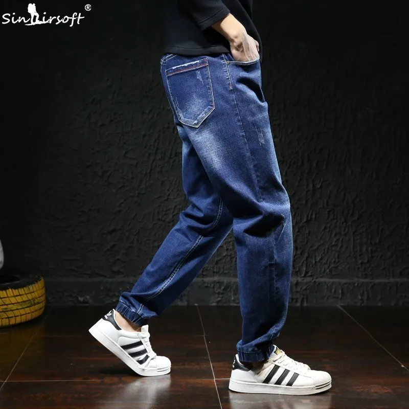 Elasticated Waist Ankle Length Bunch Foot Ripped Jeans For Hombre Baggy