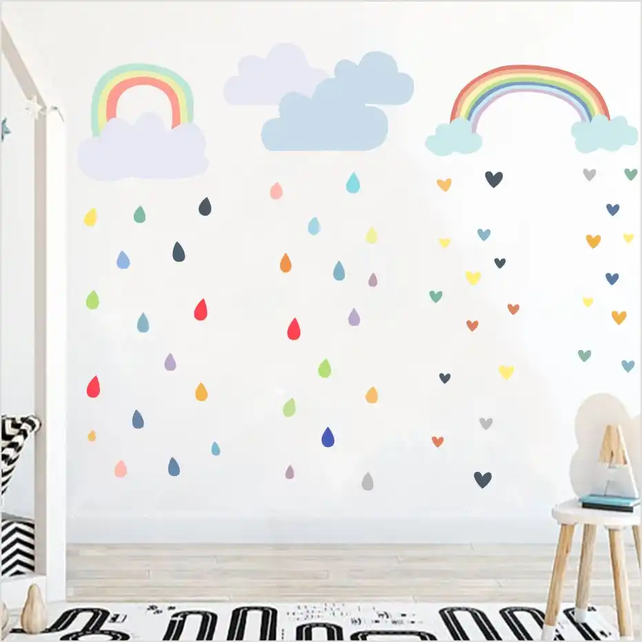 Pegatinas De Pared Multicolor Con Diseno De Gotas De Lluvia Decoracion De Pared De Habitacion Infantil Pegatinas Coloridas De Nube De Arco Iris Para Pared Papel Tapiz Para Decoracion Del Hogar
