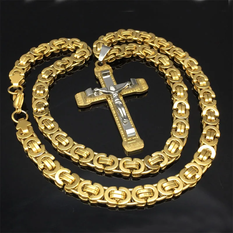 Men Silver Cross Pendant Necklace Top Quality Stainless Steel Byzantine Necklace