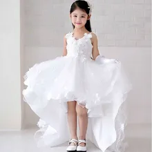 Детское свадебное платье с коротким передом и длинной спинкой, с цветком, с кружевным шлейфом, белые торжественные платья для девочек Размеры от 3 до 12, 14