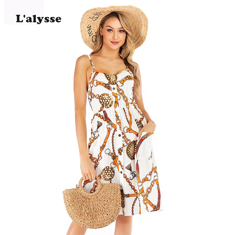 

LALYSSE Summer Women Beach Dress Print Spaghetti Strap Dress Sleeveless Open Back Sexy Midi Dress O-neck Holiday Casual Clothes