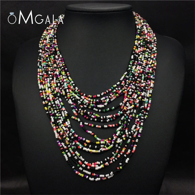 

OMGALA Handwoven Colorful Beads Choker Necklace Fashion Women Statement Jewelry African Bohemia Mulit-layer Necklace For Girls